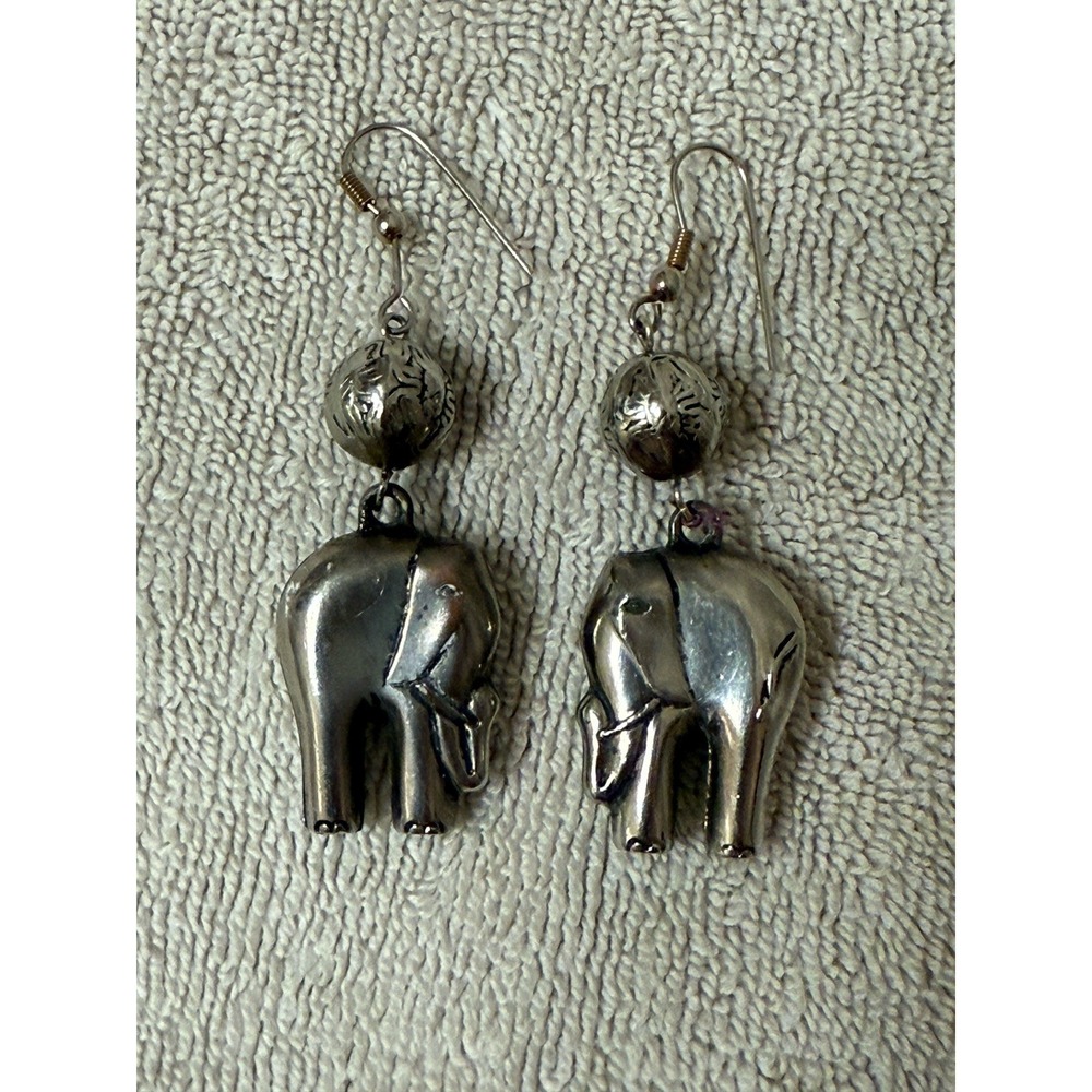 Silver Elephant‎ Earrings Puffy Dangle